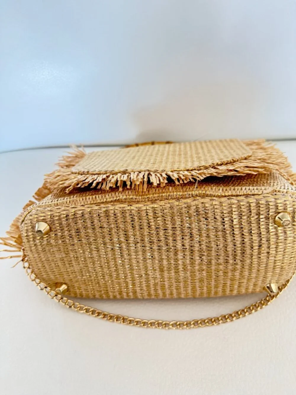 Tommy Bahama Gold Straw Crossbody Bag with Bamboo Handle - Picture 4 of 5